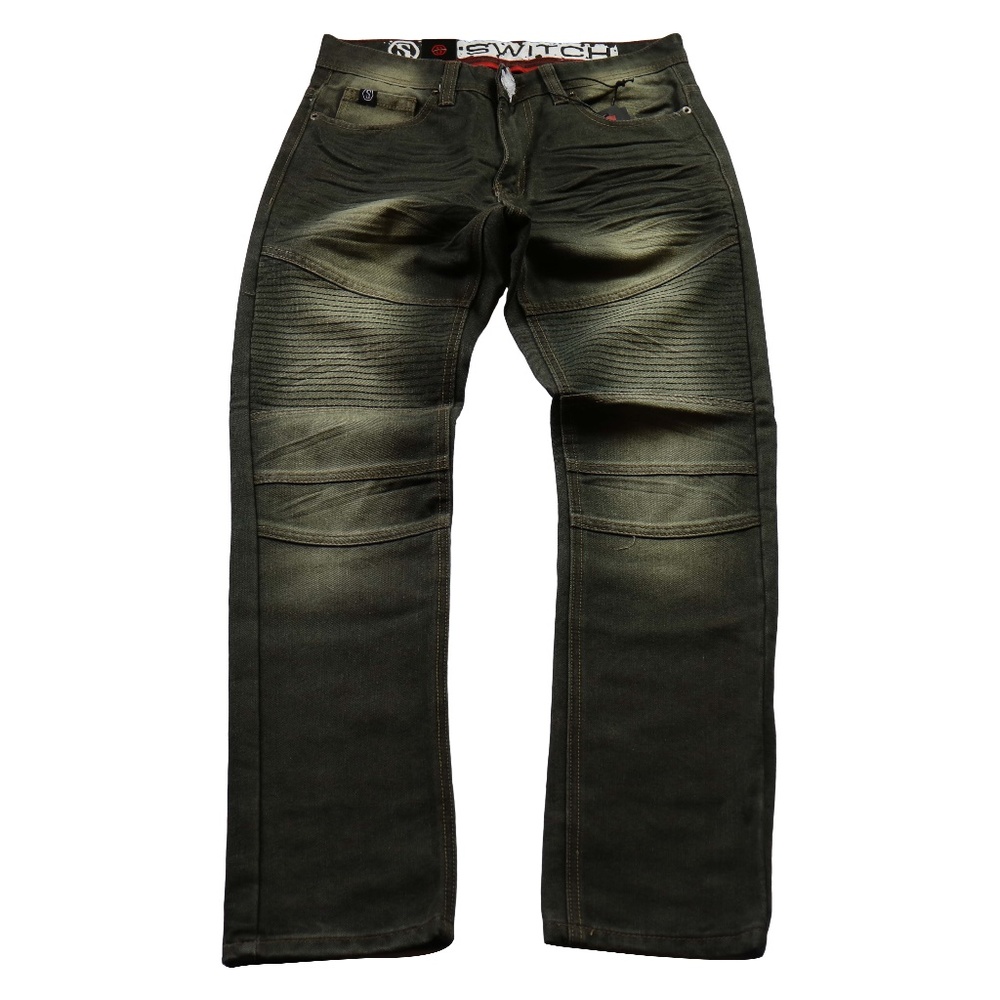 Color Moto Denim Pants - Olive